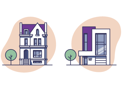 Illustrative comparison of a classic period home and a contemporary new build. SAM Conveyancing's guide to buying a new build vs a period property.