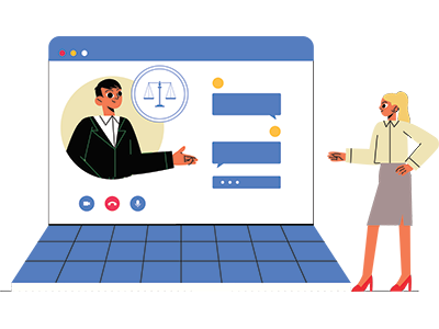 Illustration of online conveyancing, showing a person speaking with a solicitor through a laptop video call with chat messages |SAM Conveyancing's guide to online conveyancing