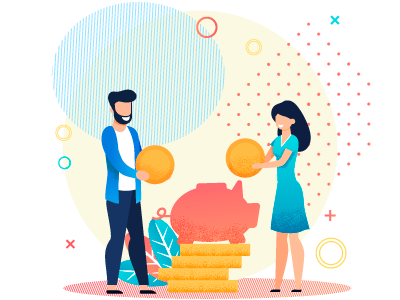 A man and a woman inserting coins into a piggy bank for their house deposit. SAM Conveyancing answers 'when do you pay the deposit on a house'