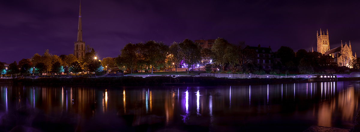 Panorama of Worcester cathedral and St Andrews Spire at night: Sam Conveyancing's report on the Worcestershire Housing Market