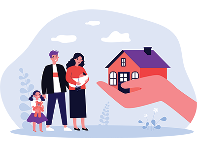 A family of four looking toward a small house being held out in a large hand | SAM Conveyancing's guide to gifted deposits and family loans for first-time buyers