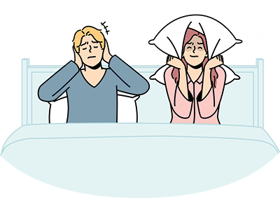 A man and woman lie in bed covering their ears because of noise | SAM Conveyancing's guide to noisy neighbours