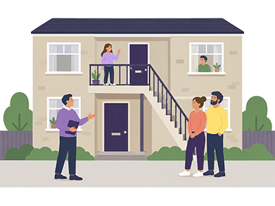 Illustration of two buyers being welcomed by their new neighbours to a two-storey maisonette | SAM Conveyancing's guide to Tyneside leases
