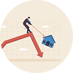 Housing market declines as property sales fall by 45%. A Cartoon of a man trying to hold up the property market with ropes
